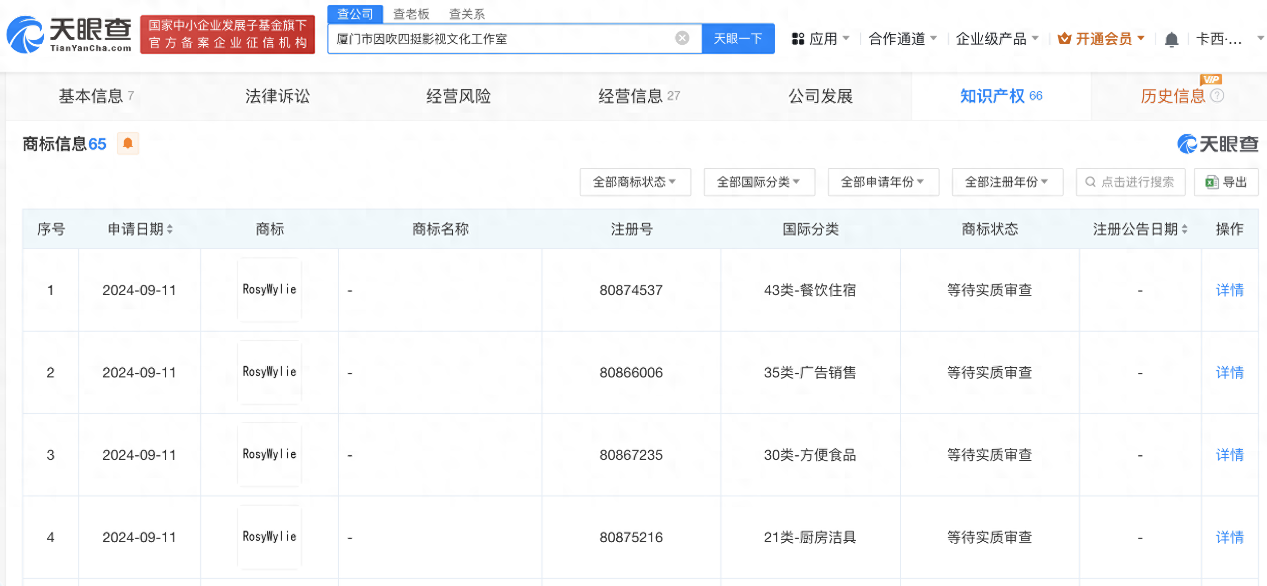 赵露思工作室申请Rosywylie商标 此前店房东抢注“ROSY WYLIE”商标被判定无效(图1)