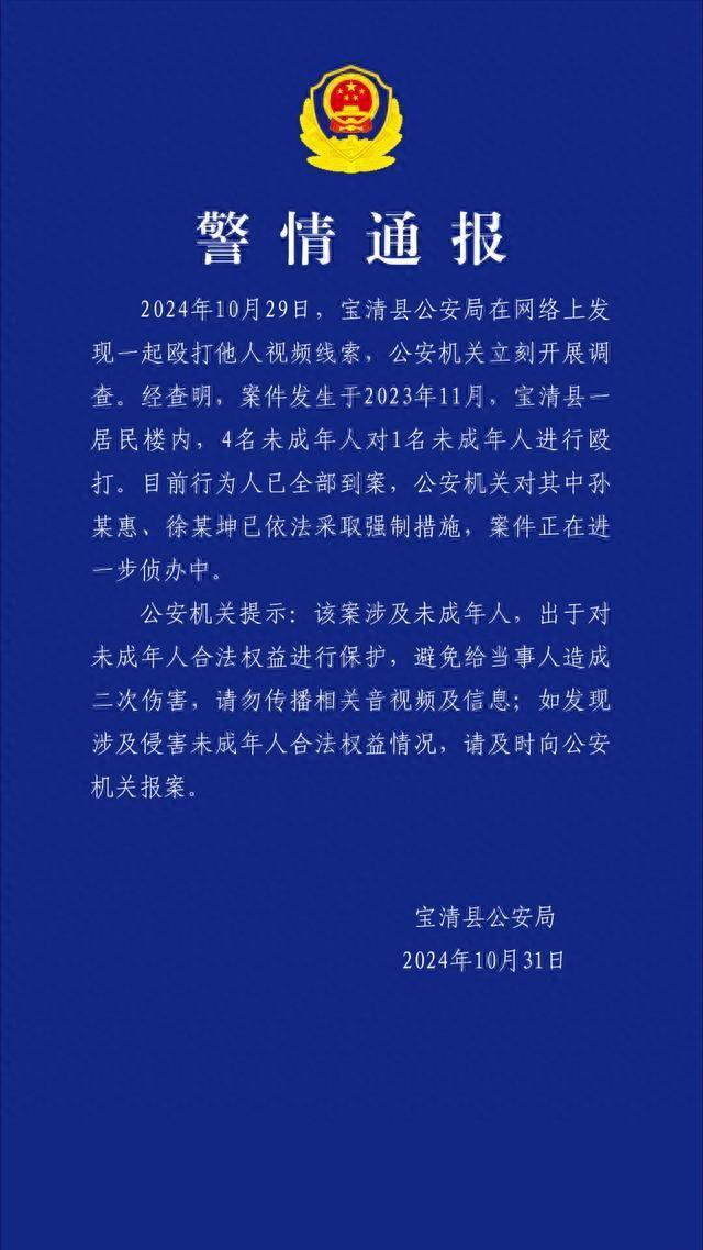 黑龙江宝清县警方通报“4名未成年人对1名未成年人进行殴打”：目前行为人已全部到案(图1)