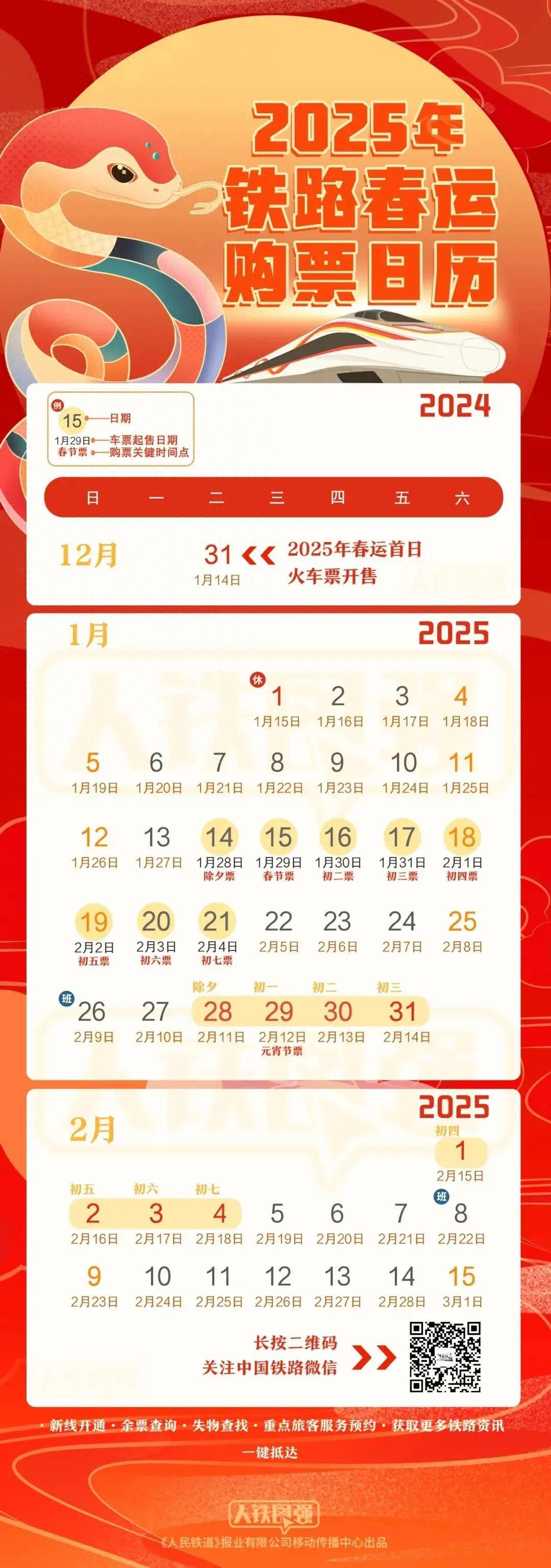 2025年铁路春运火车票购票日历来啦(图1)