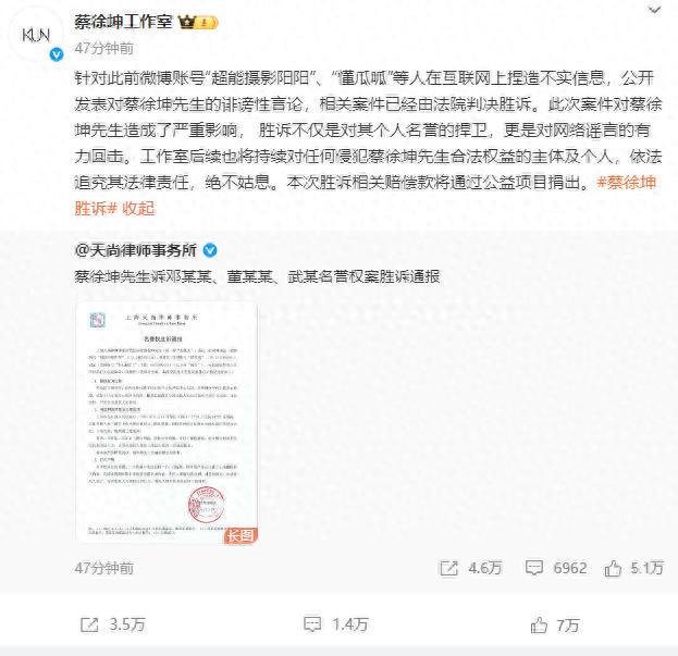 蔡徐坤诉网友侵犯名誉权案胜诉 赔偿款将全部捐出(图1)