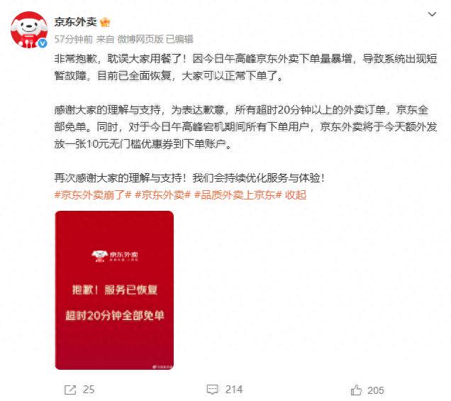 京东外卖致歉：超时20分钟外卖订单全部免单(图1)