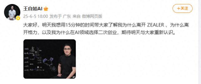 王自如回应离开ZEALER、格力的原因 准备在AI领域二次创业(图2)